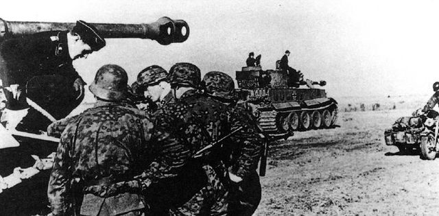 Tigers del 503 S. Pz. Abt. junto a granaderos de la Totenkopf durante un contraataque en Agosto de 1943