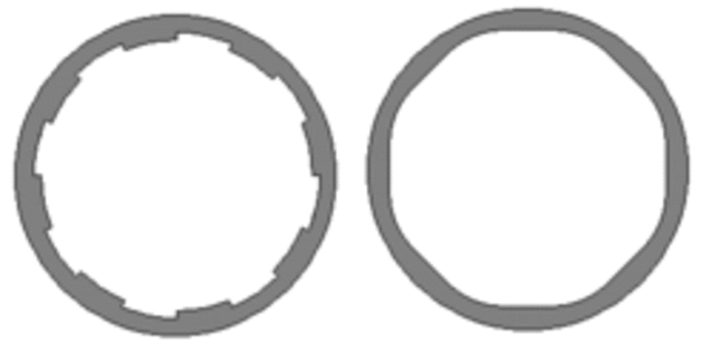 Dos ejemplos de estrías, en surcos a la izquierda y cañón de sección octogonal a la derecha
