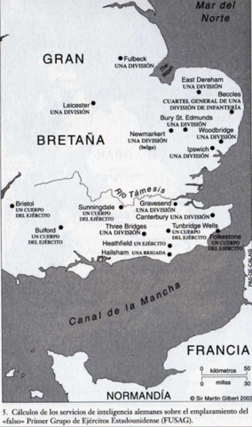 Mapa con los supuestos emplazamientos de los ejércitos aliados según la información que poseía la RSHA, servicio de inteligencia alemán, sucesor de la Abwehr del Almirante Canaris, disuelta en febrero de 1944